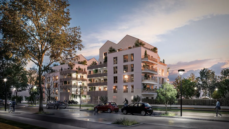 Perspective de l’opération de Trappes depuis la rue, en soirée